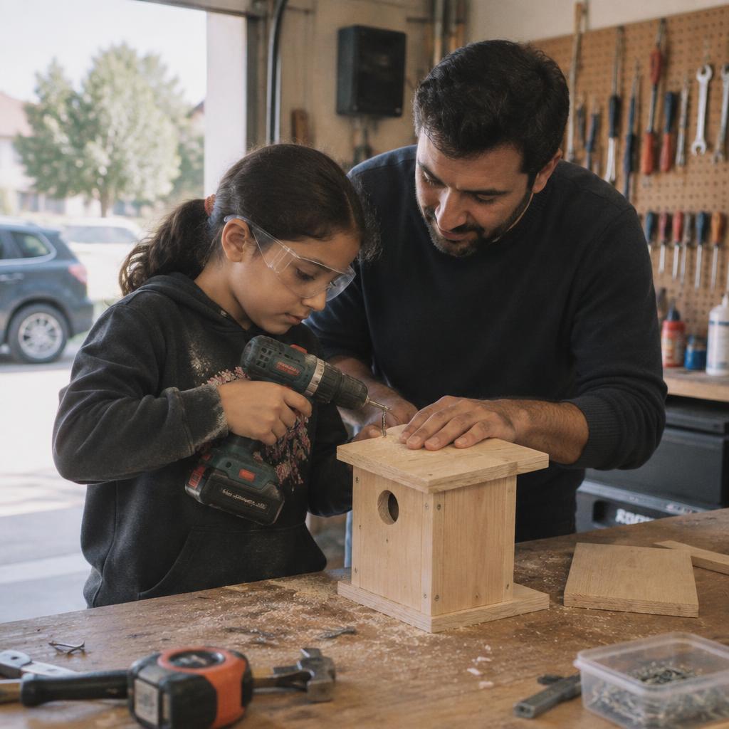 A father and daughter building a wooden birdhouse together