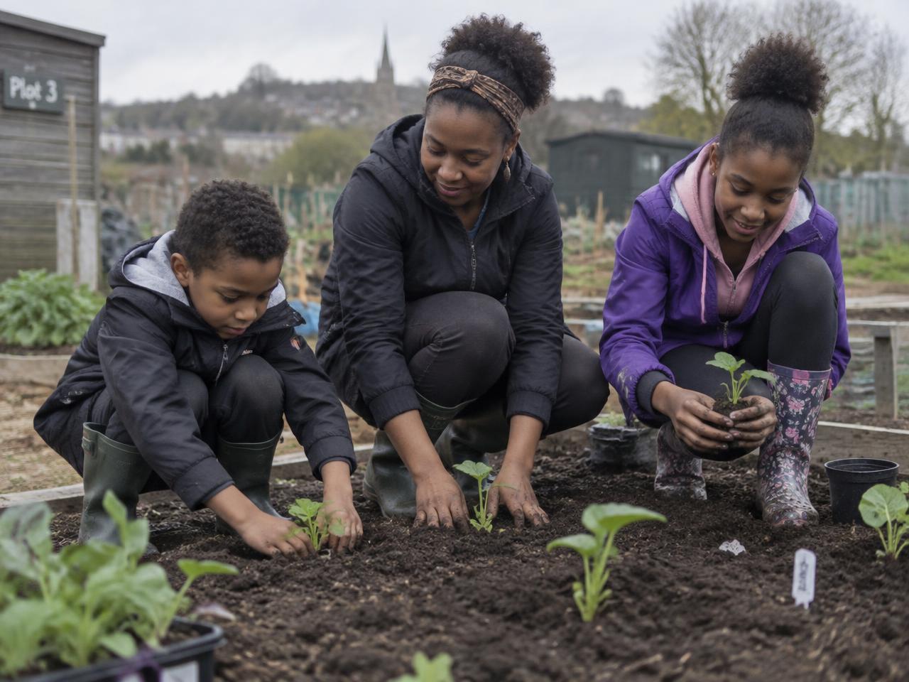 A mother and her children planting seedlings in a vegetable garden