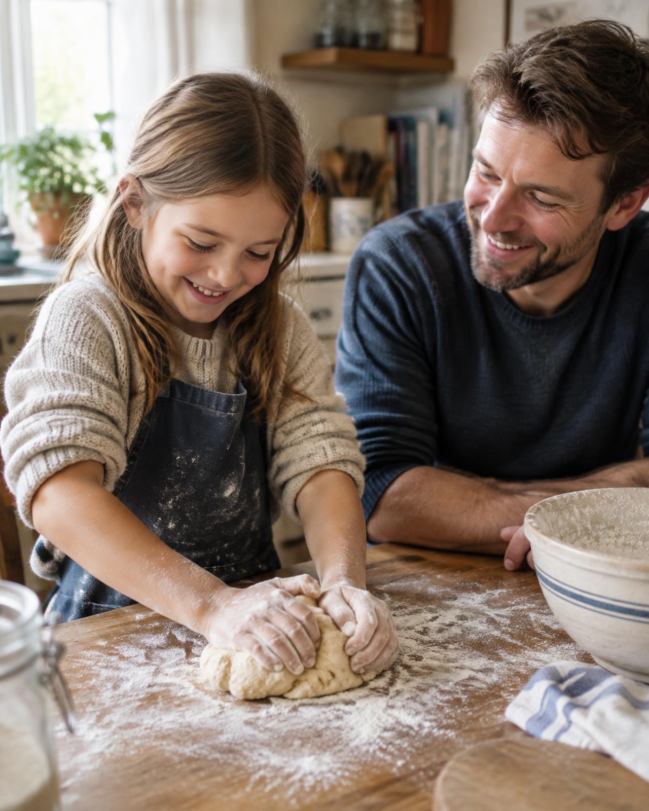 A father and his daughter kneading bread dough together at the kitchen table