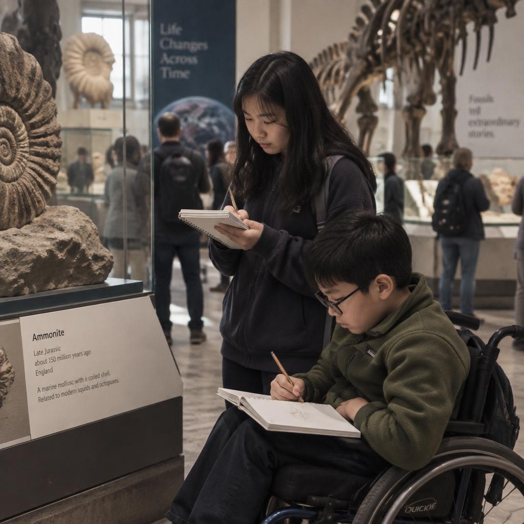 A teenage girl and her brother, who uses a wheelchair, looking at an exhibit in a museum
