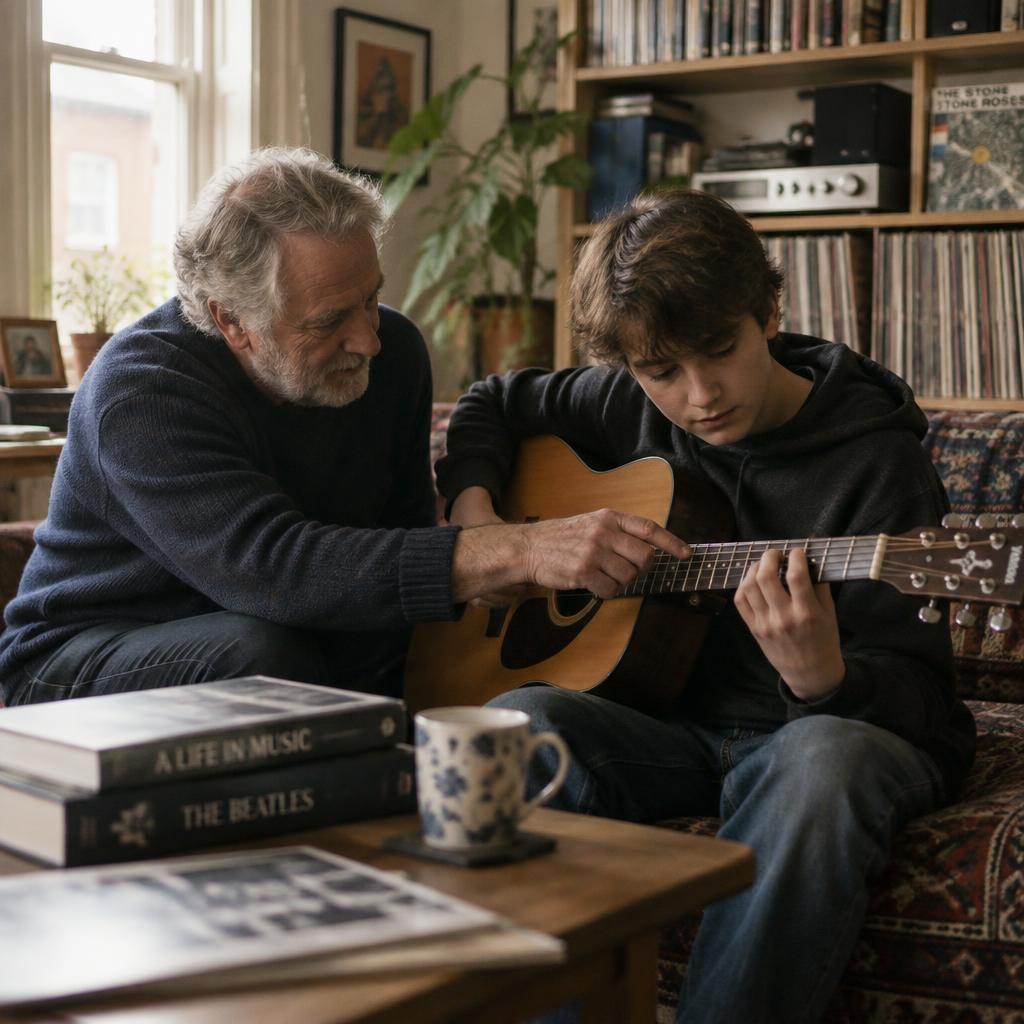 A grandfather teaching his grandson to play guitar