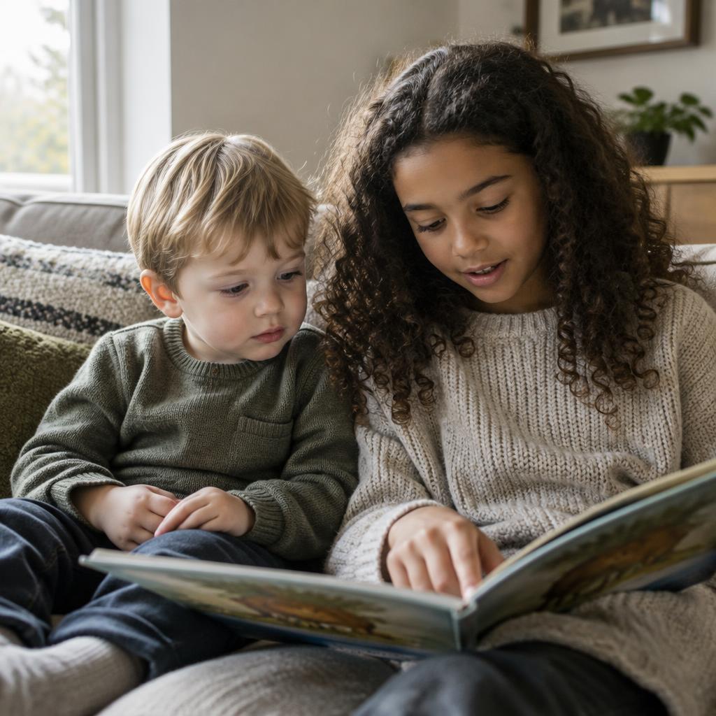 An older sister reading a picture book to her toddler brother on the sofa
