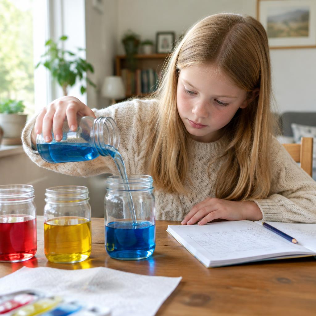 A girl pouring coloured water between jars for a science experiment, noting results